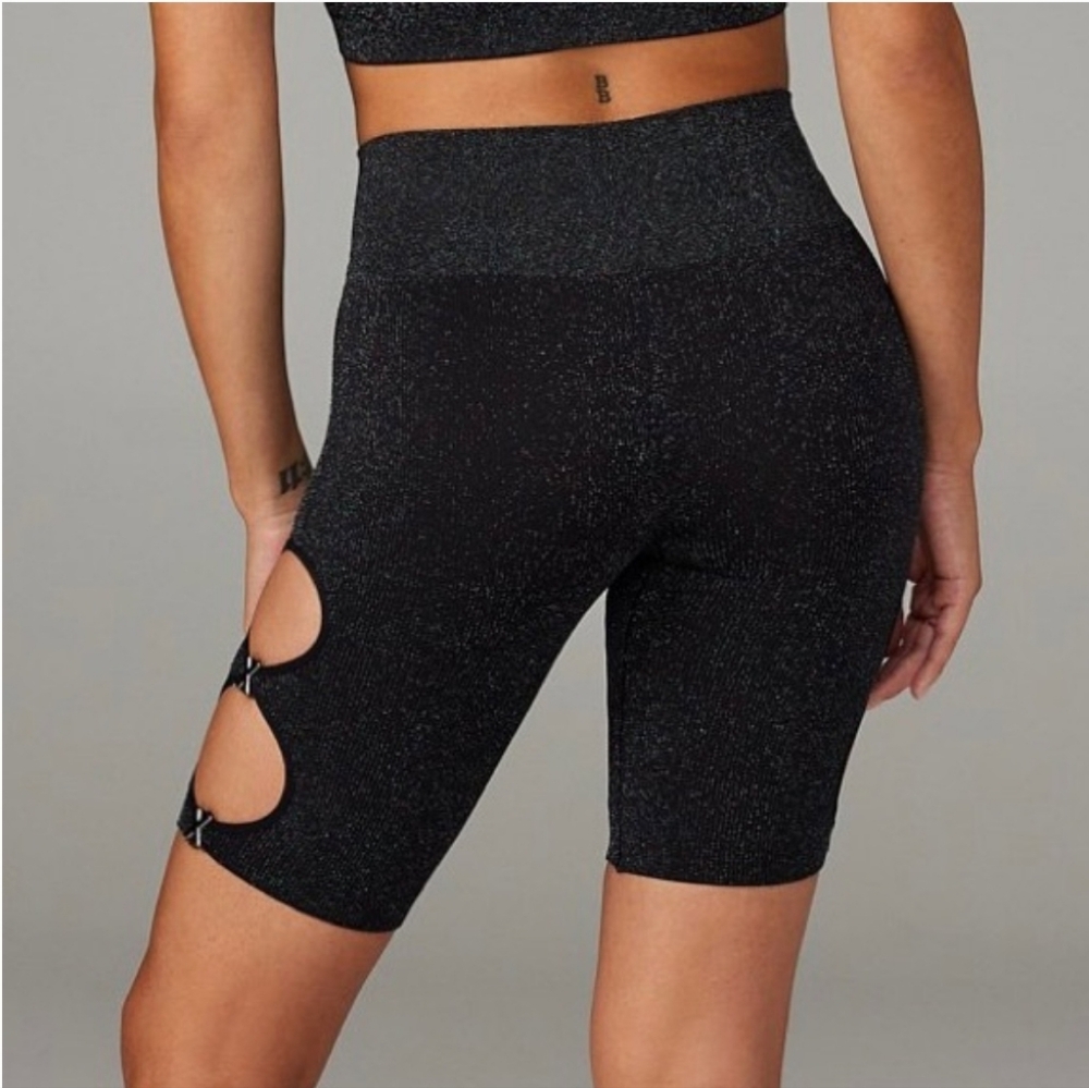 Savage x Fenty Black Bawdy shimmery lurex cut-out Knit Bike‎ Shorts size large